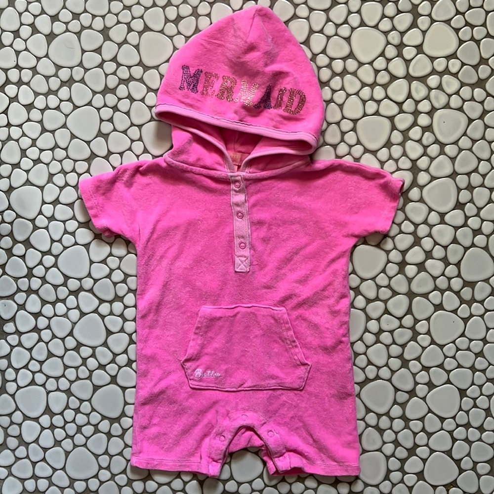 Butter Super Soft Hot Pink Mermaid Terrycloth Shorts Onesie Hoodie Romper Sz 12m